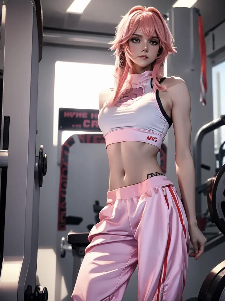 The image shows a young woman wearing a white crop top and pink pants, standing in a gym with a weight machine in the background.