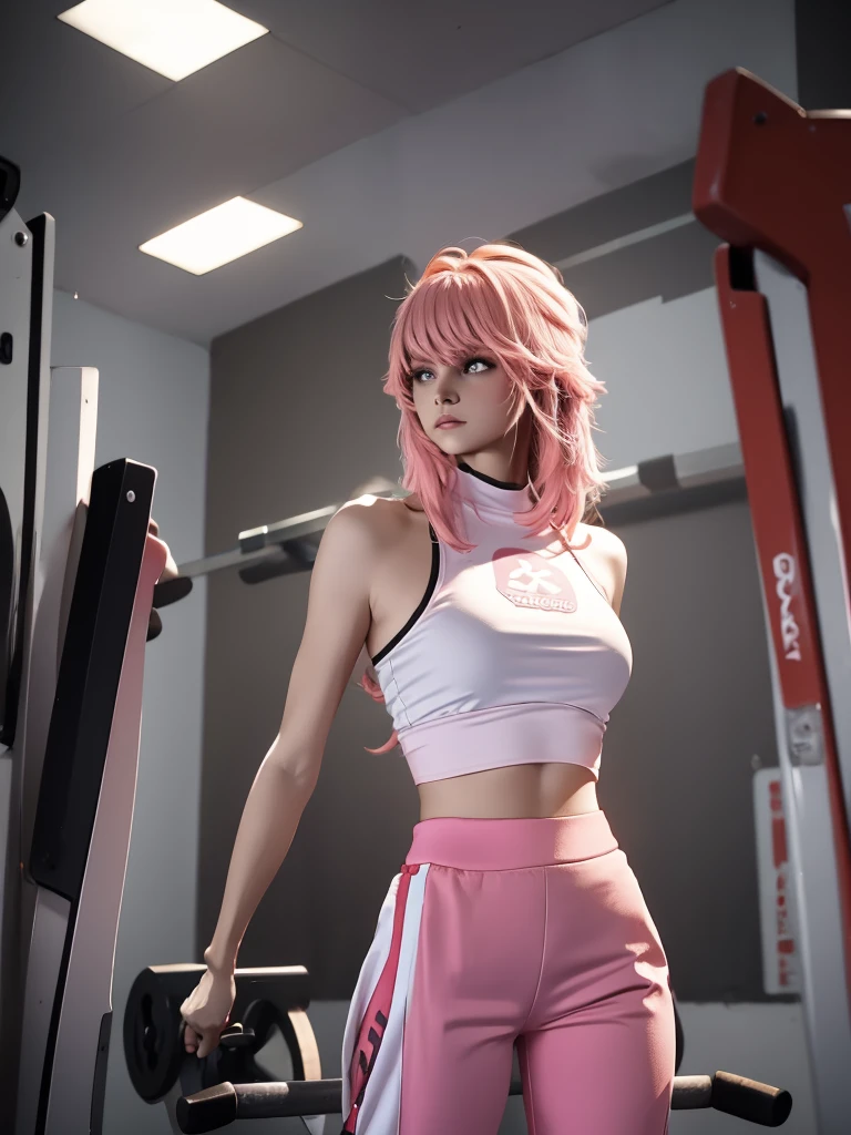  The image shows a young woman wearing a white crop top and pink pants, standing in a gym with a weight machine in the background.