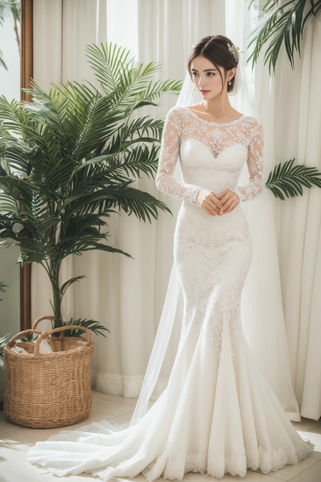 Best quality, 8k, 32k, Masterpiece, Masterpiece, (Photorealistic: 1.4), RAW photo, ultra realistic, 1girl, full body, wearing a white mermaid wedding dress, long-sleeve, floor-length style, lace fabric, Take product photos in white room with indoor decorative palm tree, look straight