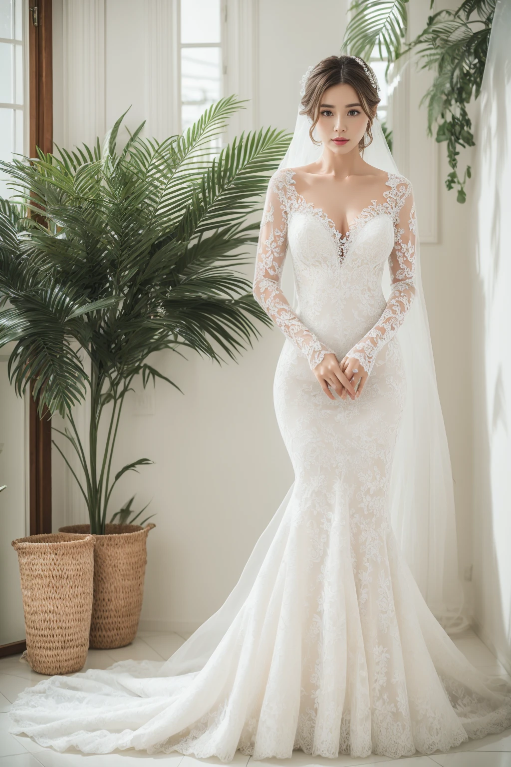 Best quality, 8k, 32k, Masterpiece, Masterpiece, (Photorealistic: 1.4), RAW photo, ultra realistic, 1girl, full body, wearing a white mermaid wedding dress, long-sleeve, floor-length style, lace fabric, Take product photos in white room with indoor decorative palm tree, look straight