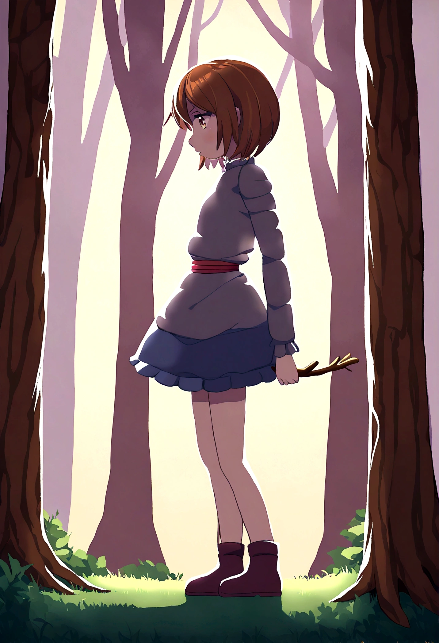 Frisk, loli, Brown hair,  In a forest, full body,  a stick in her left hand,