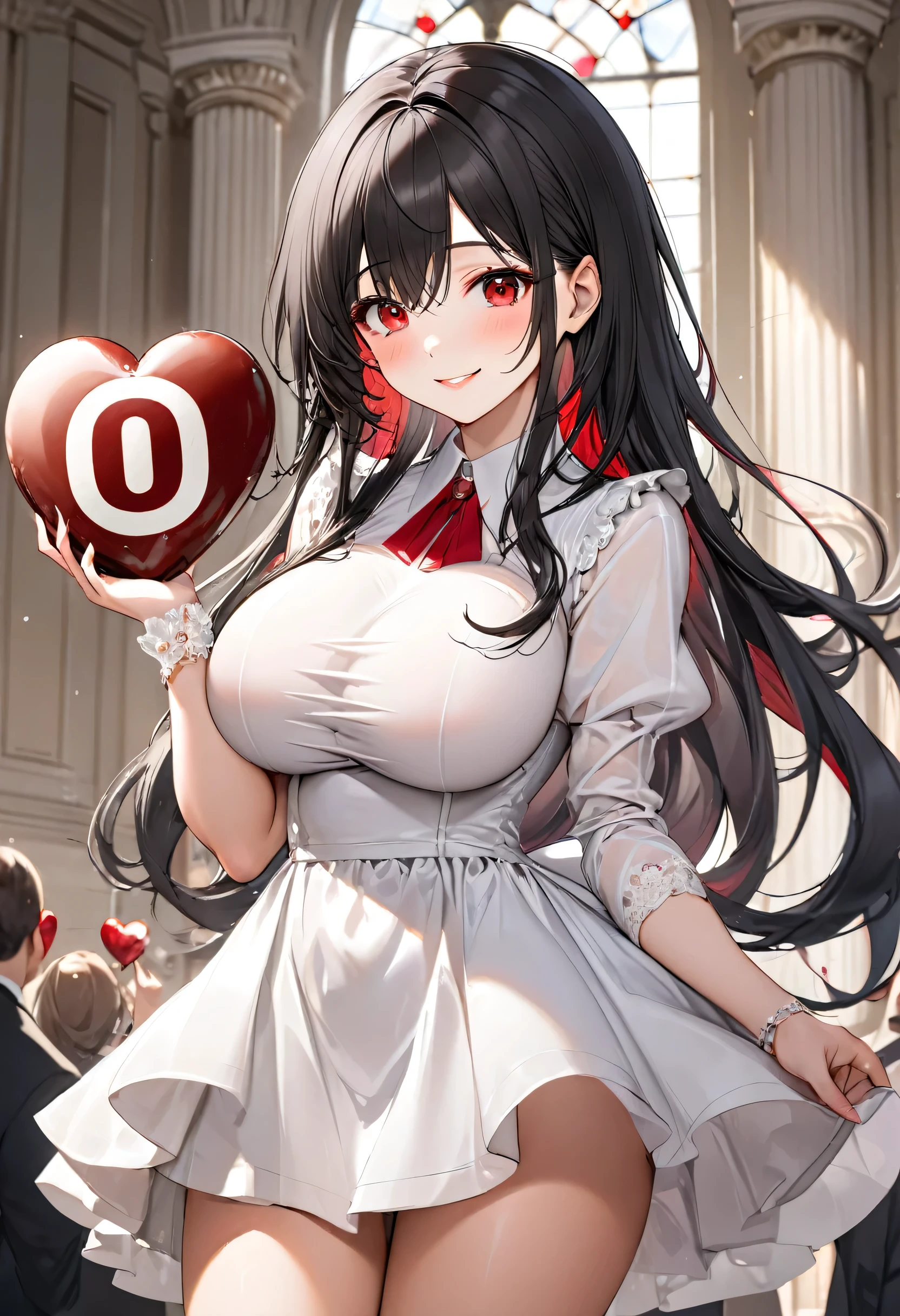 (18 yo, solo straight:1.2 black hair long hair sexy girl, cute red eyes, love smile, big tits), (hand holding a biggest shape of number 0:1.5 for chocolate), in a formal dress, perfect anatomy, masterpiece, best quality, 16k, beautiful detailed grow, daydreaming expression.