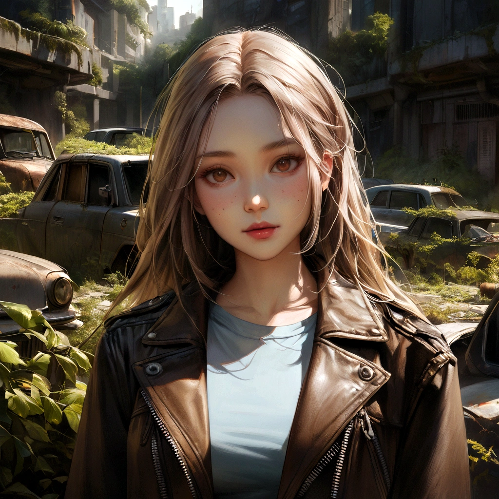 Portrait image of a young, Woman with large breasts, Dressed in a trendy denim crop top and leather jacket, posing gracefully in the middle of the desolation of a dystopian environment, filled with abandoned cars and overgrown vegetation. The photo shows off her ultra-realistic facial features in soft, diffused light, that accentuates every intricate detail