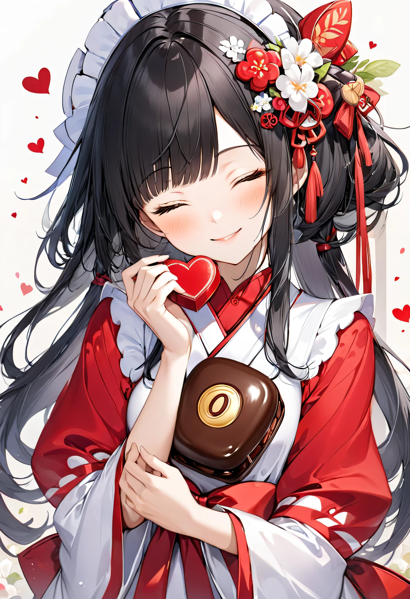 (15 yo, solo blunt bangs black hair long hair cute shrine maiden girl, sexy closed eyes, love smile), (hand holding a biggest:1.1 shape of number 0:1.6 for chocolate), perfect anatomy, masterpiece, best quality, 16k, beautiful detailed grow, daydreaming expression.