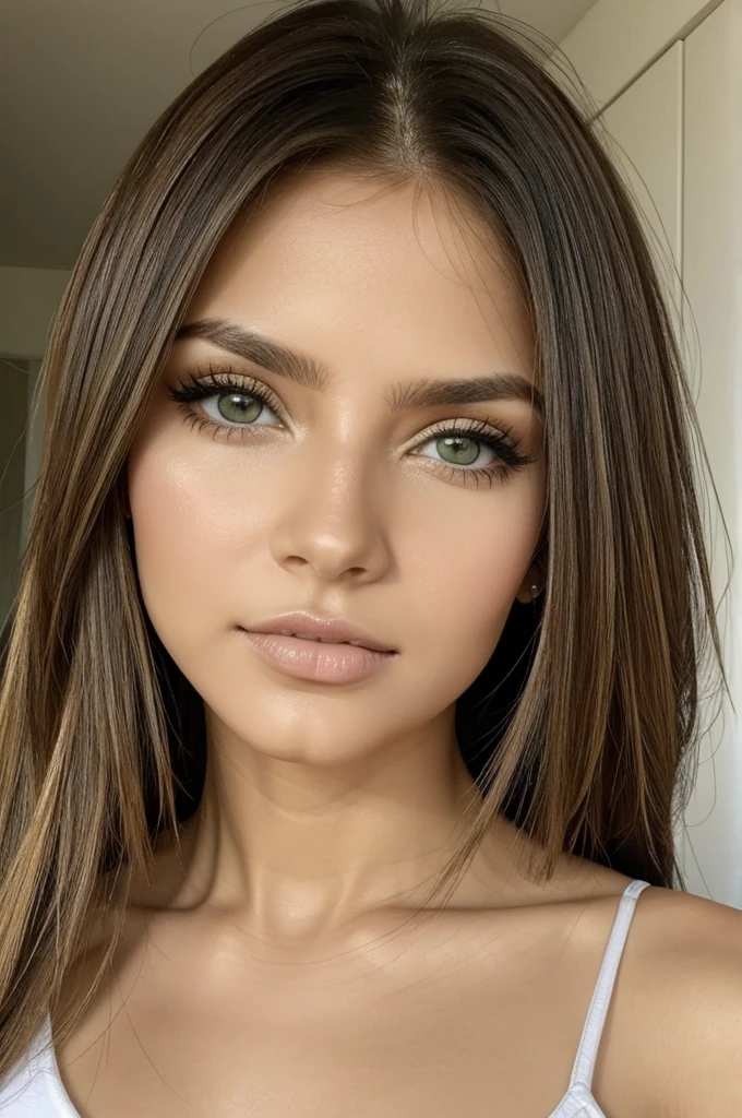 Chica rusa, ojos verdes, piel muy blanca, cabello largo claro