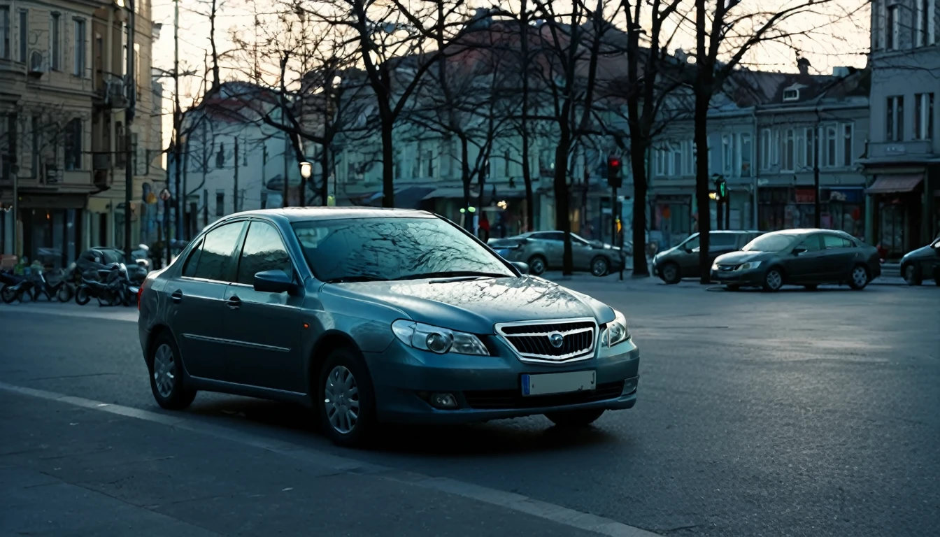 parked car, close to the sidewalk, city center, no people on the street, late afternoon, sinister atmosphere