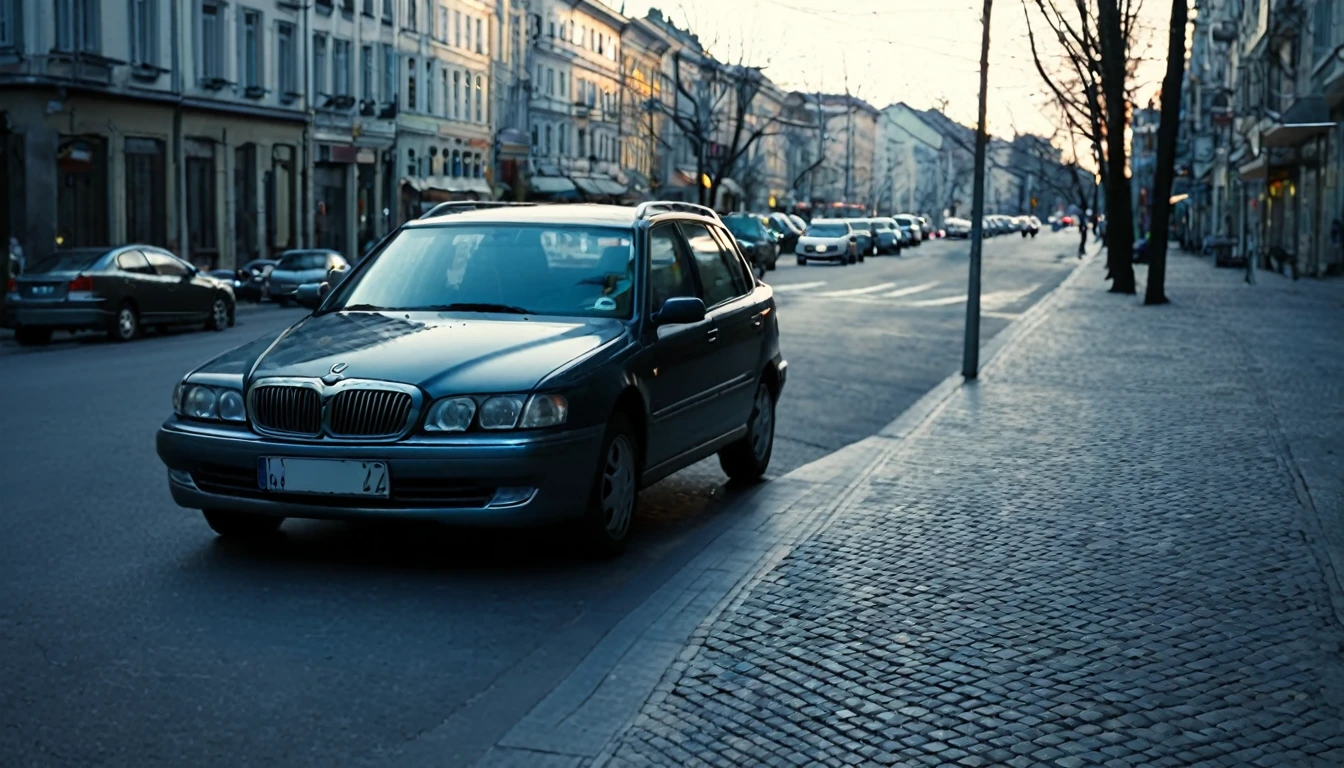 parked car, close to the sidewalk, city center, no people on the street, late afternoon, sinister atmosphere