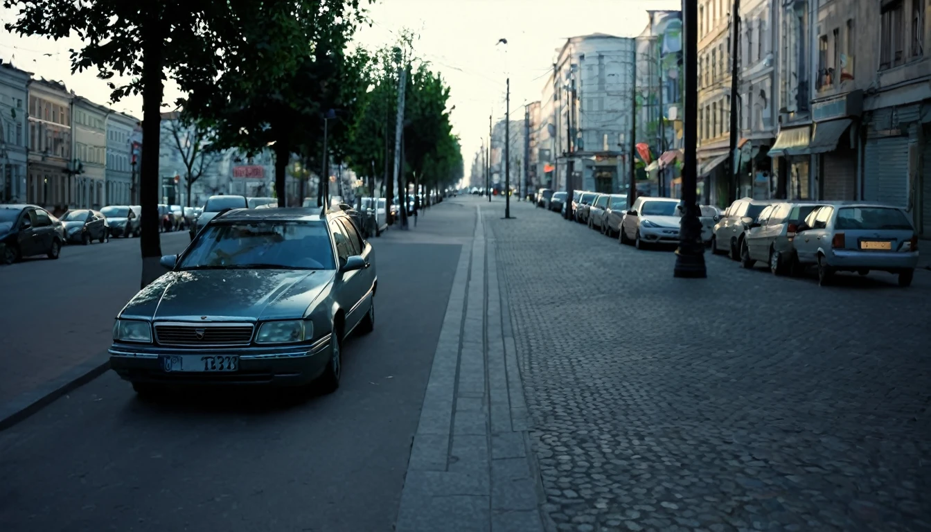 parked car, close to the sidewalk, city center, no people on the street, late afternoon, sinister atmosphere