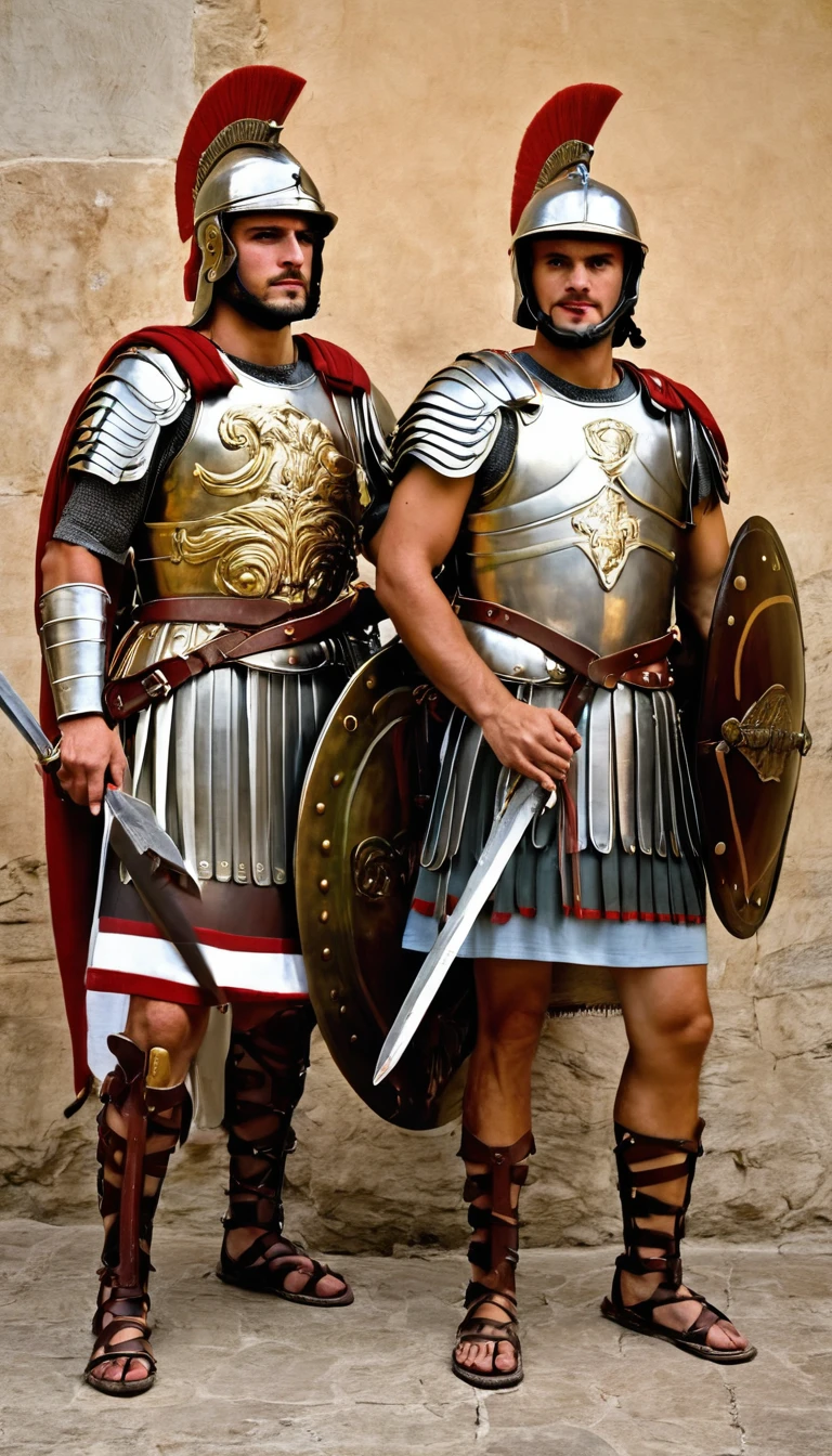 Two types of Roman soldiers, one in full armor with a shield and sword, and another in a more relaxed pose.