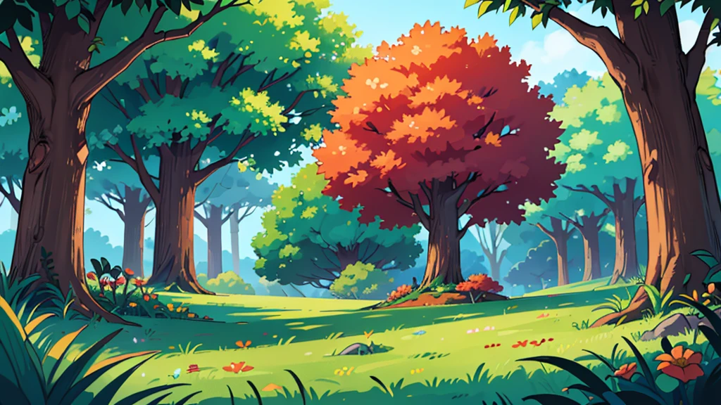 4k ultra HD, landscape, very detailed, perfect lighting, a beautiful forest green, purple, orange trees, red flowers growing in clusters of 3 in the lush green grass, a giant tree you can't see the top of in the distance