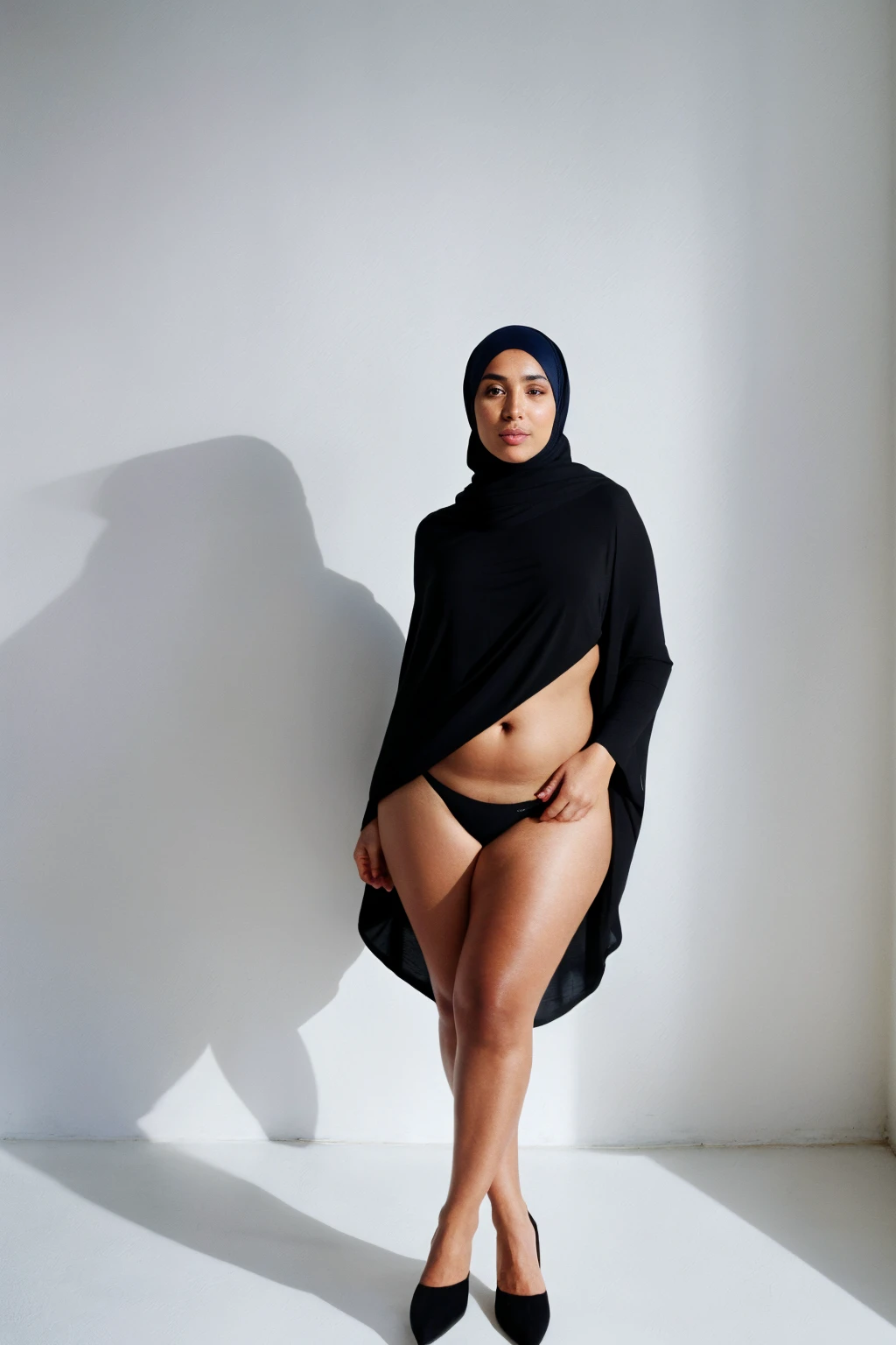 RAW photo,candid photograph, full body,photo of a beautiful,modern,25yo Moroccan woman,black hijab, detailed skin, naked, looking at viewer, chubby body structure,white background,no background, candid pose,blue light, film grain, kodak color, instagram LUT
