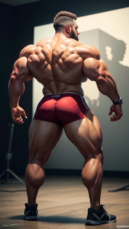 full back view, caricature art, muscular bodybuilder, flexing his muscles and showing his back, rear view, bodybuilding competition, caricature, ultra-detailed, (best quality,4k,8k,highres,masterpiece:1.2),ultra-detailed,(realistic,photorealistic,photo-realistic:1.37),HDR,UHD,studio lighting,ultra-fine painting,sharp focus,physically-based rendering,extreme detail description,professional,vivid colors,bokeh,concept art