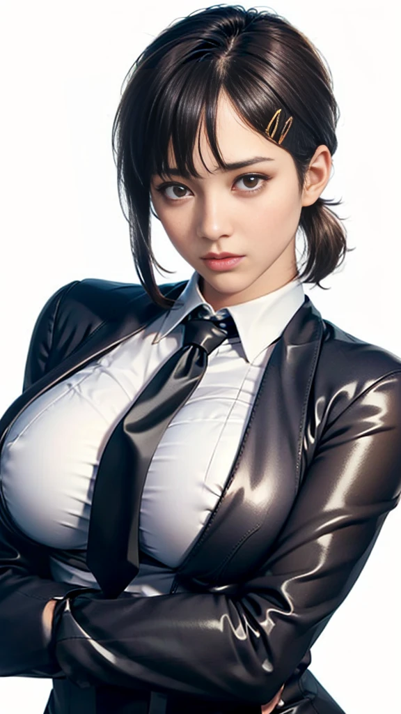 (((Perfect body,White and tender skin,(((black necktie, black pants, business suit, formal, long sleeves, necktie, pants, suit,,))),(((kobeni higashiyama, black hair, hair ornament, hairclip, ponytail, short hair, (brown eyes:1.5),))),((masterpiece)),highres,((Best quality at best)),masterpiece,quality,Best quality,((( Exquisite facial features,Looking at the audience,There is light in the eyes,(((pain,endure))),))),(((Light and shadow,Huge breasts,))),(((Looking at the camera,White background))))