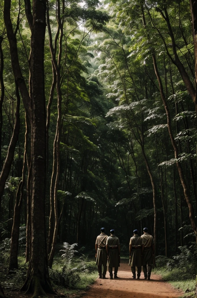 Karan and Arjun standing at the edge of a dense forest, ready to embark on their journey. The forest looks mysterious and foreboding