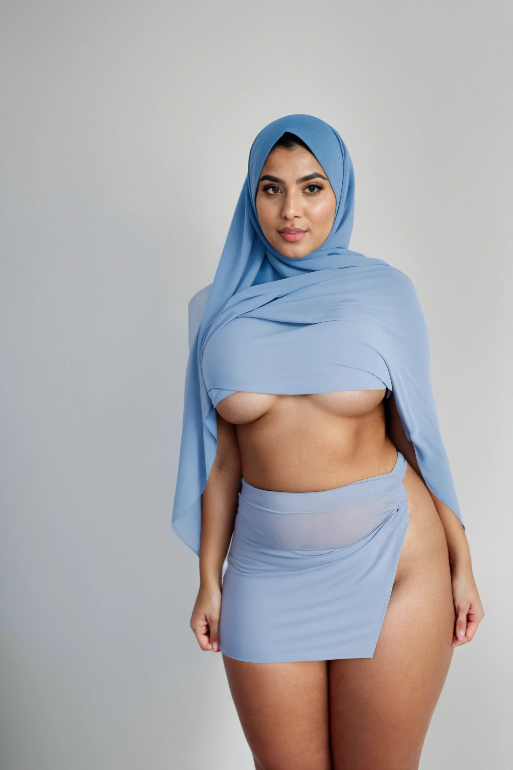 RAW photo,candid photograph, full body,photo of a beautiful,modern,25yo Arab woman,black hijab, detailed skin, naked, looking at viewer, chubby body structure,white background,no background, candid pose,blue light, film grain, kodak color, instagram LUT