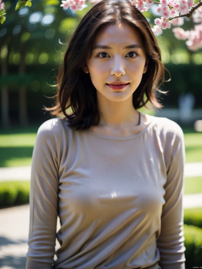 1 girl, Aragaki Yui, 1r years young,(RAW-Foto, Best quality), (realistisch, photo-realistisch:1.4), Meisterwerk, eine äußerst zarte und lovely, extrem detailliert, 2k Hintergrundbild, toll, fein detailliert, extrem detailliert CG unity 8k wallpaper, Ultra-detailliert, highres, Sanftes Licht, lovelys detailliertes Mädchen, extrem detailliert eyes and face, lovely detaillierte Nase, lovely, detaillierte Augen,filmische Beleuchtung,Perfekte Anatomie,slim body wearing a shoulder-free top,(bokeh:1.2) in einem Blumenpark,Sakura blossoms,Blumengarten, smile