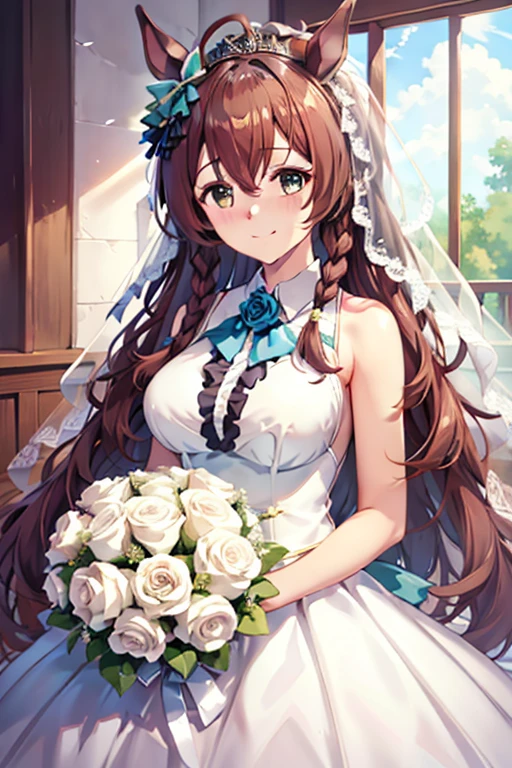 mejiro_bright_(umamusume) wearing a white wedding dress, tiara, wedding veil in front of face, wedding bouquet