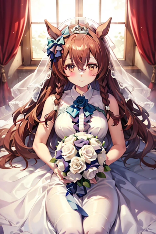 mejiro_bright_(umamusume) wearing a white wedding dress, tiara, wedding veil in front of face, wedding bouquet