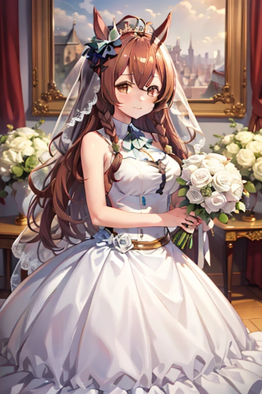 mejiro_bright_(umamusume) wearing a white wedding dress, tiara, wedding veil in front of face, wedding bouquet