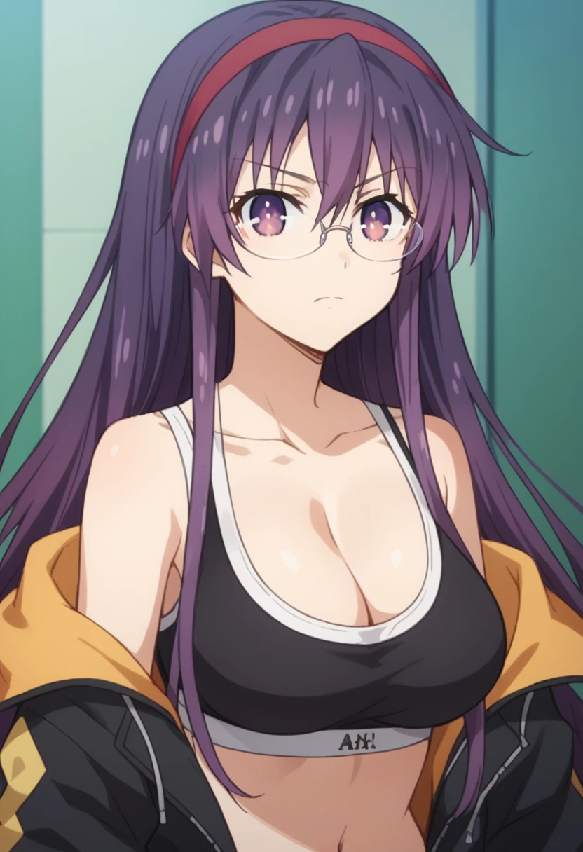 Score_9, Score_8_up, Score_7_up, anime_font, Tohka Yatogami,
takeayatogami, takea yatogami, headband, purple eyes, purple hair, long hair, red headband, alone, breasts, looking_at_viewer, bangs, big_breasts, navel, cleavage, closed_mouth, collarbone, jacket, upper body, glasses, abdomen , bare shoulders, taupe, black_jacket, sports_bra