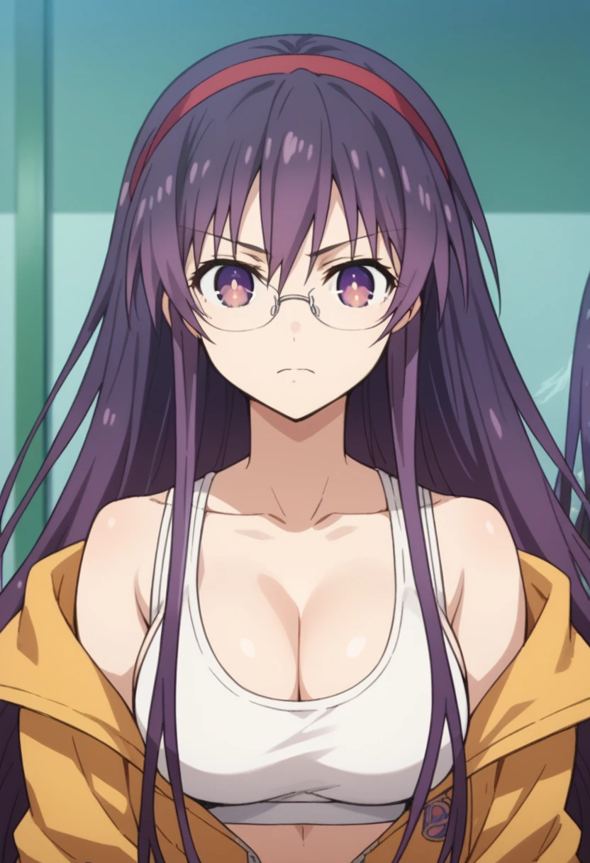 Score_9, Score_8_up, Score_7_up, anime_font, Tohka Yatogami,
takeayatogami, takea yatogami, headband, purple eyes, purple hair, long hair, red headband, alone, breasts, looking_at_viewer, bangs, big_breasts, navel, cleavage, closed_mouth, collarbone, jacket, upper body, glasses, abdomen , bare shoulders, taupe, black_jacket, sports_bra