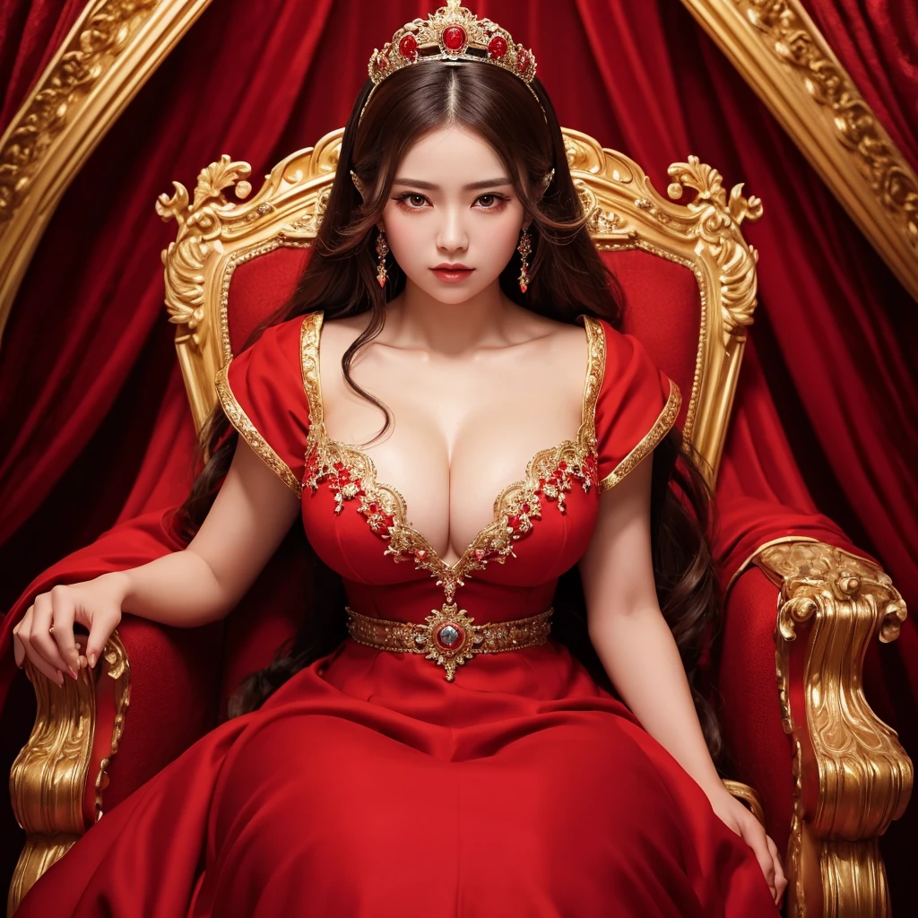 a woman with exaggerated large breasts, confident sitting on a throne, wearing a gorgeous red dress, a large ornate crown on her head, looking down at the viewer, detailed facial features, hyper-realistic, 8k, ultra-detailed, photorealistic, masterpiece, dramatic lighting, cinematic, oil painting、She is a Japanese woman
