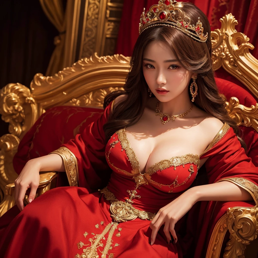 a woman with exaggerated large breasts, confident sitting on a throne, wearing a gorgeous red dress, a large ornate crown on her head, looking down at the viewer, detailed facial features, hyper-realistic, 8k, ultra-detailed, photorealistic, masterpiece, dramatic lighting, cinematic, oil painting、She is a Japanese woman