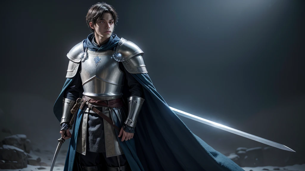Knight Swordsman, Medieval knight in blue cloak, realistitc illustration, knight in profile, maximum resolution