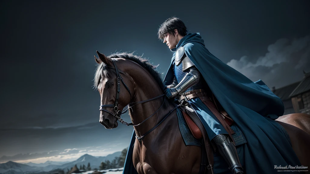 Knight Swordsman, Medieval knight in blue cloak, realistitc illustration, knight in profile, maximum resolution