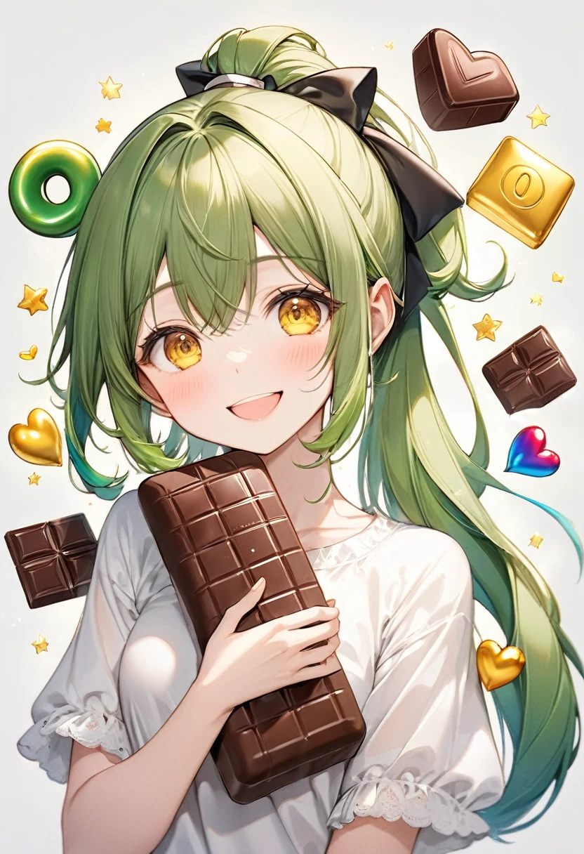 (15 yo, solo ponytail green hair long hair cute girl, cute yellow eyes, love smile), (hand holding a biggest shape of number 0:1.5 for chocolate), perfect anatomy, masterpiece, best quality, 16k, beautiful detailed grow, daydreaming expression.