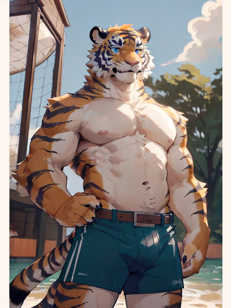 deobaed anatomy, Humanity,((White orange tiger| white and orange | blue eyes)),(Clothes are soaked),(The white belly that is faintly visible under the clothes),(close-up),((cowboy shot)),(motion blur),(from below),heavy breathing,parted lips,full-face blush.Perfect Red eyes,(glaring),(play soccer),The action is exaggerated,young,male,no muscles,Lean,Lovely,topless,(Super detailed),Sharp focus,light smile,tailed eyes,tiger Tail ,best qua,lity,by bebebebebe, by zackary911,stand in the water,blue underwear,put one left hand on head,