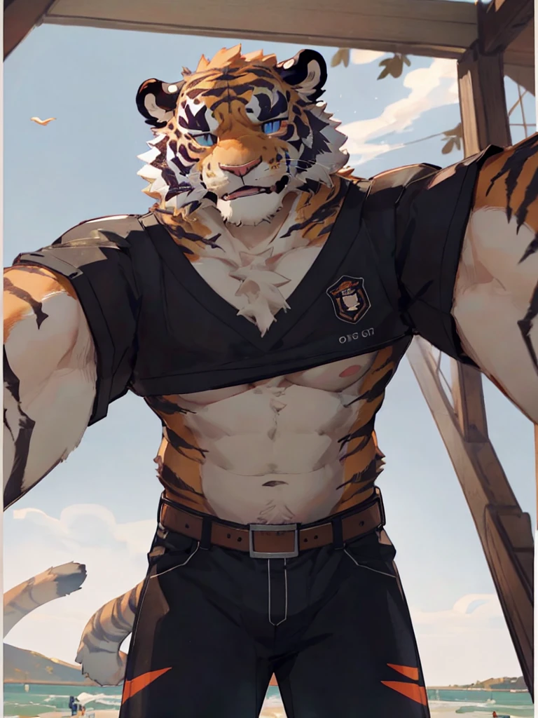 ((hq)) sequential framing (same photo), (( first anthropomorphic tiger framing:!. 2)), (furious look), torn jacket, robotic chin, ((anthropomorphic panther running, mini-top, shirtless, jeans, )), (second frame), high-impact image, ((comic book style)), in a crowded bar, (hq), two scenes, one page
