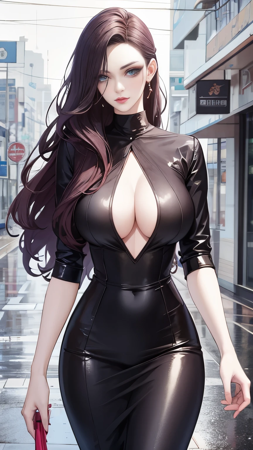 beautiful woman with perfect body in a wet dress walking on a rainy street, highly detailed face and skin, beautiful eyes with double eyelids, long hair, best quality, 8K, masterpiece, cinematic lighting, photorealistic, hyper detailed