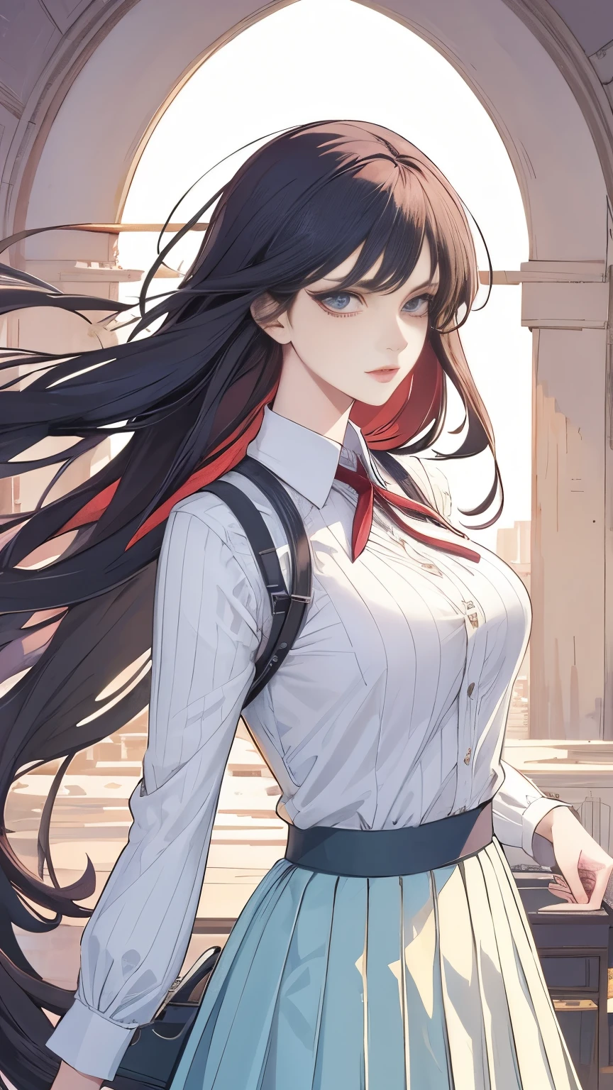 (masterpiece, best quality:1.2), 1girl, solo,mature_lady, delicate face,detail eyes,long hair, floating hair,medium breasts, upper body,,pleated skirt,shirt tucked in,tented shirt,in hell