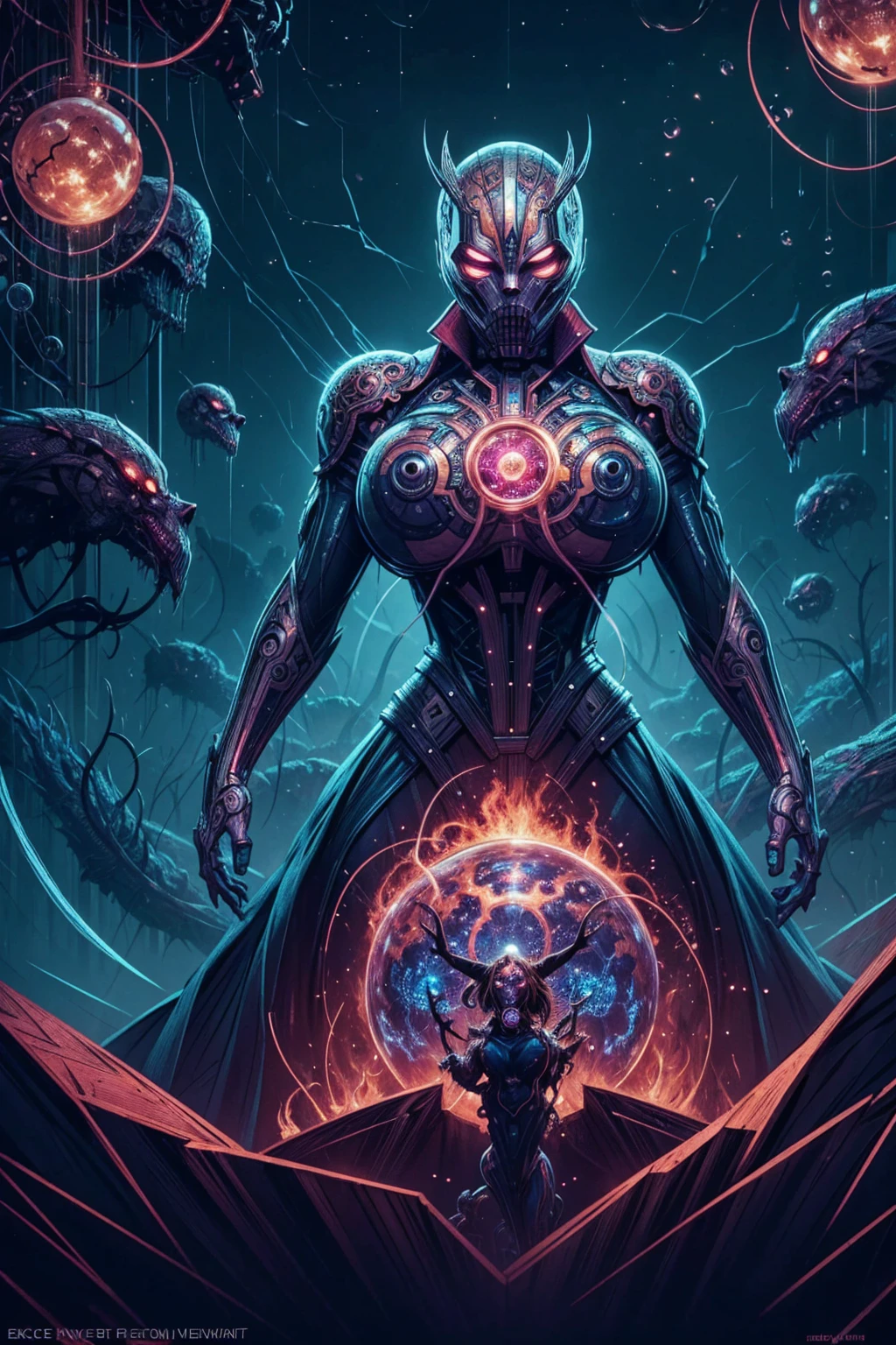 Place of Horror in the Quantum Realm. Mechanical biomorphism, horror art. woman, Intricate detail, maximalist perfect illustration, digital painting art