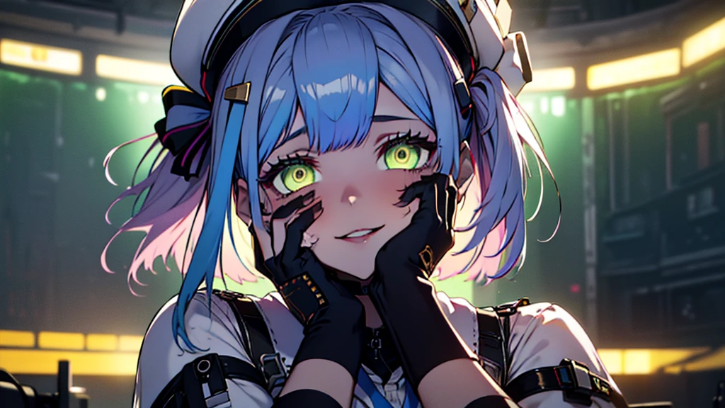 ((Best quality)), ((masterpiece)), (detailed:1.4), 3D, an image of a beautiful cyberpunk female, Yandere , Yandere Face , Trance , Trance Eyes , yameroyandere , constricted pupils , yandere , empty eyes . shaded face , crazy eyes , glowing gold eyes , crazy smile , neonfx, neon_valorant, 1girl, solo, looking at viewer, gold eyes, light purple hair, white barret hat , gloves, navel, bare midriff, twintails, blue hair, multicolored hair, parted lips, black gloves, belt, pants, hand on hip, floating hair, bandaid, bandaid on face, electricity, animification, bandaid on nose, large breasts, HDR (High Dynamic Range),Ray Tracing,NVIDIA RTX,Super-Resolution,Unreal 5,Subsurface scattering,PBR Texturing,Post-processing,Anisotropic Filtering,Depth-of-field,Maximum clarity and sharpness,Multi-layered textures,Albedo and Specular maps,Surface shading,Accurate simulation of light-material interaction,Perfect proportions,Octane Render,Two-tone lighting,Wide aperture,Low ISO,White balance,Rule of thirds,8K RAW,