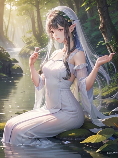 (best quality, 4k, 8k, highres, masterpiece:1.2), ultra-d etailed,(realistic, photorealistic,photo-realistic:1 .37), portrait of fairies,enjoying water play in a beautiful r iver in the forest,fairy with detailed face and hands, enchanted woodland scene, sparkling water, sunlig ht streaming through the trees, vibrant colors, ether eal atmosphere, delicate wings, flowing dresses, mi schievous expressions, shimmering reflections on t he water surface