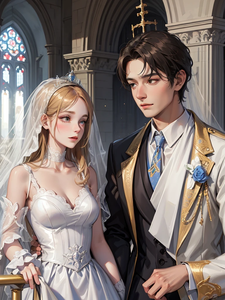 (1 man and 1 woman looking at each other on the arch bridge), Couple, princess, Crown Prince, Cathedral backdrop,bridal veil,wedding dress,An arrogant face