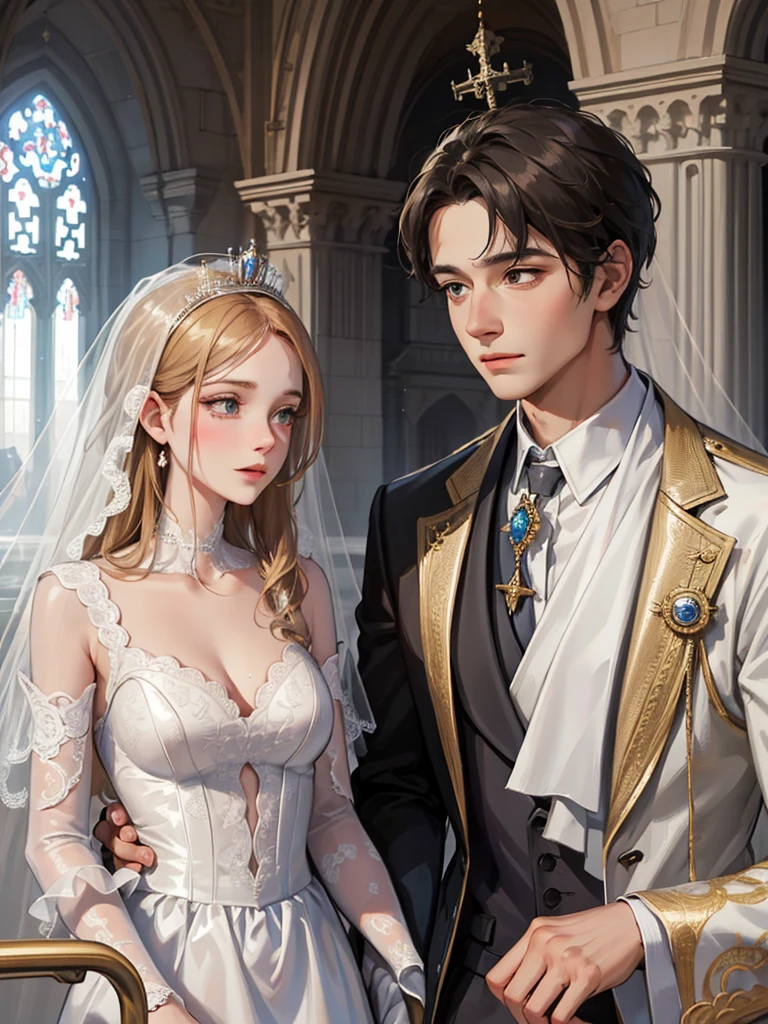 (1 man and 1 woman looking at each other on the arch bridge), Couple, princess, Crown Prince, Cathedral backdrop,bridal veil,wedding dress,An arrogant face