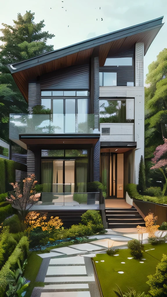 arafed house with a walkway and a garden in front of it, modern house in the wood, beatiful house, exterior design, modern house, rich house, contemporary house, urban house, modern style, in style of ultra realistic, beautifully detailed, arhitectural shot, beautiful architecture, large modern residence, stunning architecture, vivid and detailed