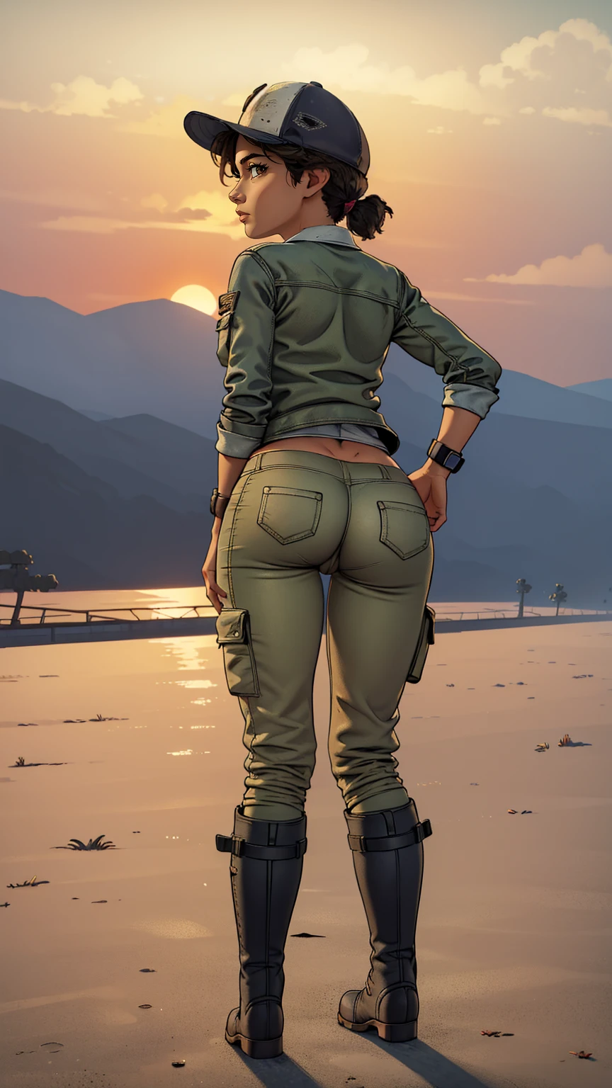 ((masterpiece, best quality)),(complex lighting) ,solo,(((1girl))) ,clementine, light skin,light-skinned female, baseball cap, green cargo pants, brown eyes, tight pants, combat boots, shirt, short hair, one short ponytail, open denim jacket, huge butt, thicc butt , (((8k))), (((full body))), (((bent over))), (((looking at the viewer))), (((butt visible))), cameltoe