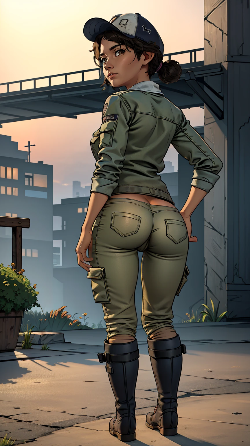 ((masterpiece, best quality)),(complex lighting) ,solo,(((1girl))) ,clementine, light skin,light-skinned female, baseball cap, green cargo pants, brown eyes, tight pants, combat boots, shirt, short hair, one short ponytail, open denim jacket, huge butt, thicc butt , (((8k))), (((full body))), (((bent over))), (((looking at the viewer))), (((butt visible))), cameltoe