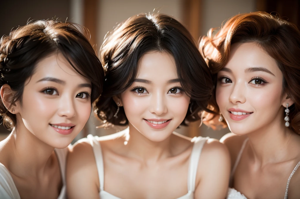 two sexy women looking at camera, flustered smiles, wedding dress, short curly hair, various hair colors, portrait, close up to faces