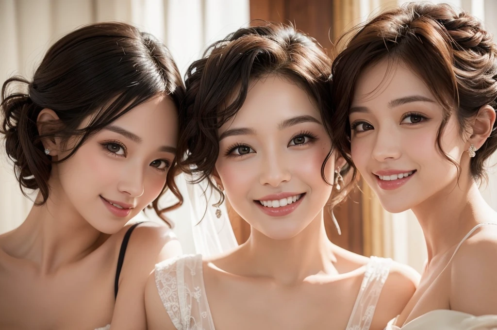 two sexy women looking at camera, flustered smiles, wedding dress, short curly hair, various hair colors, portrait, close up to faces