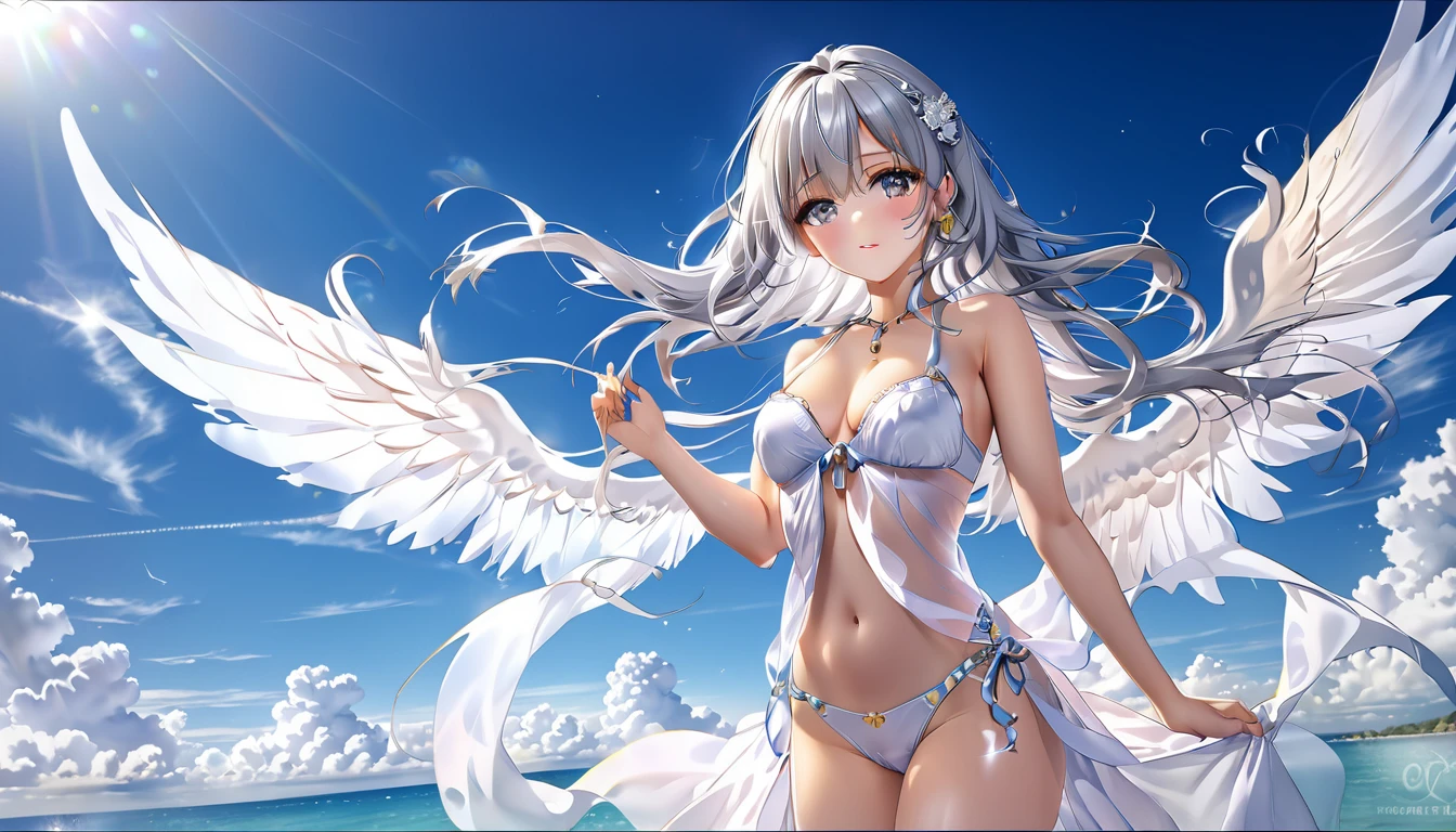 translucent, Good velvet quality, Compared, Divine Light,, Silver gray hair, Sky background, Absolute Strength,Female angels，With energy wings，Girl in sexy silk, at the seaside, Colorful jewel-like eyes.，Large Breasts，Full breasts，Golden ratio figure，Perfect body，Ultra wide-angle shooting，Full body shot，Body close-up，Look at the audience，, Wearing a tulle bikini, Model shooting style, Large Breasts，Full breasts，Golden ratio figure，Perfect body，(Extremely detailed CG 8k wallpaper unit), The most beautiful artistic photos in the world, , 8K Ultra HD, soft light, high quality, Film Grain, Fujifilm XT3 Clear focus, f 5.6, High Detail, Clear focus, Dramatic, (Wearing openwork clothing), (Looking at the audience:1.8), (Natural light), (Tempting)