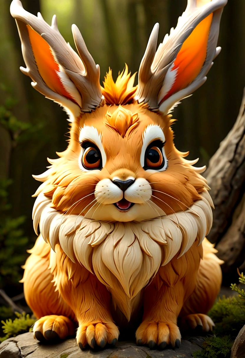 Very cute jackalope .Best Quality , very beautiful, Very detailed ,unit , Very detailed，Put your hand to your mouth and smile，orange fur，Sitting，Dropped ears，Japanese anime風，