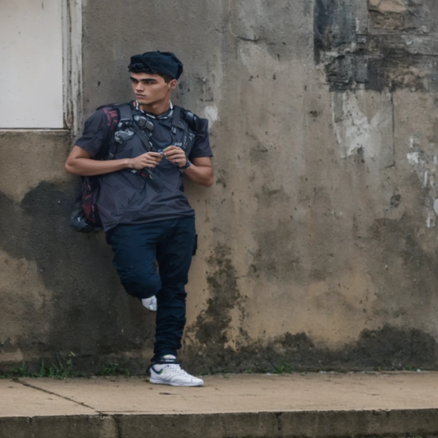 arafed man standing on a sidewalk with a backpack and cell phone, distant full body shot, leaning against the wall, leaning on the wall, profile shot, male teenager, on a street, full body profile, zoomed out full body, casual pose, with a cool pose, 1 6 years old, daniel mirante, damian kryzwonos, ciudad futurista, clima lluvioso, super detallado, young semi robotic, colorido