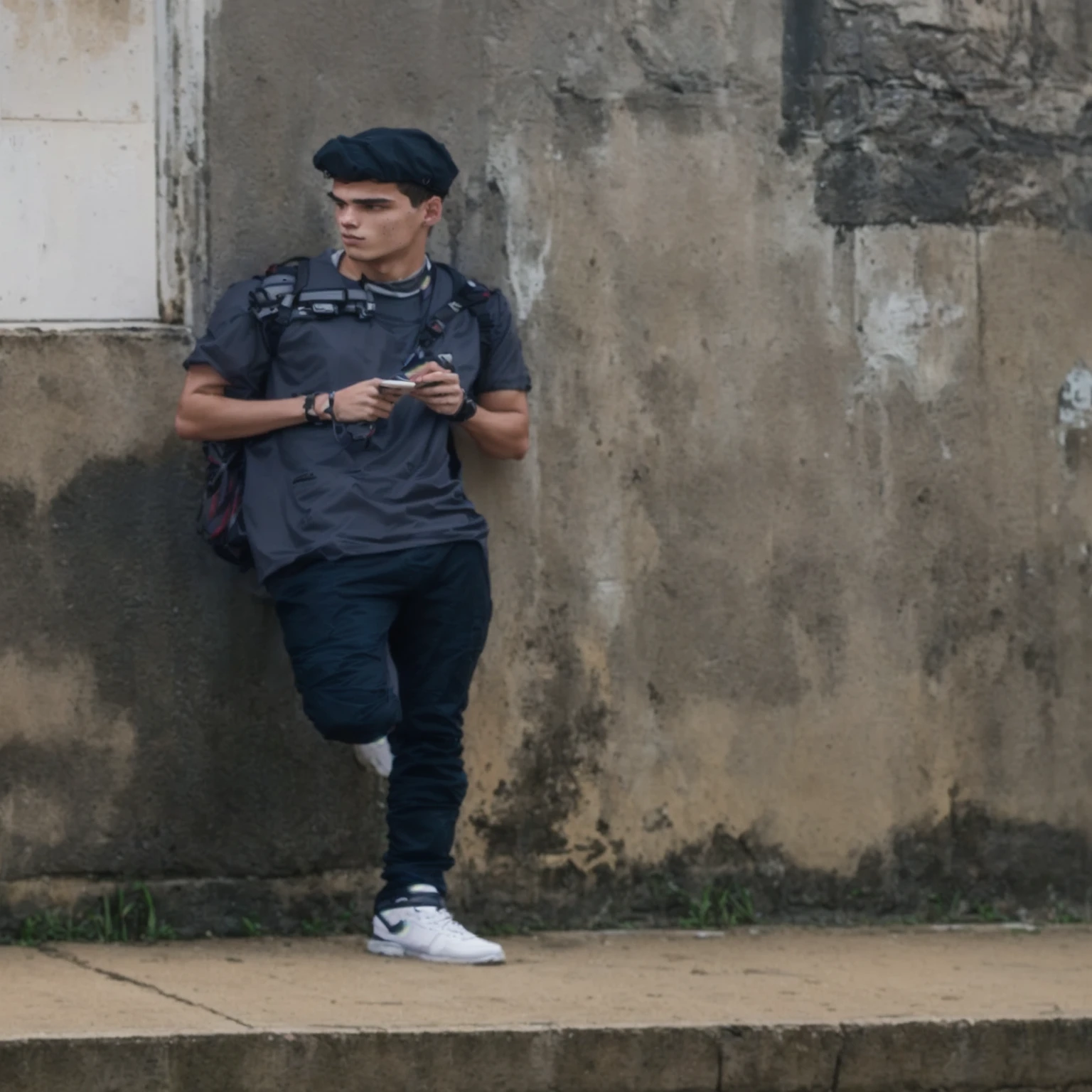 arafed man standing on a sidewalk with a backpack and cell phone, distant full body shot, leaning against the wall, leaning on the wall, profile shot, male ager, on a street, full body profile, zoomed out full body, casual pose, with a cool pose, 1 6 yeniel mirante, damian kryzwonos, ciudad futurista, clima lluvioso, super detallado, young semi robotic, colorido