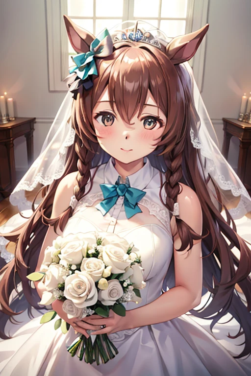 mejiro_bright_(umamusume) wearing a white wedding dress, tiara, wedding veil in front of face, wedding bouquet