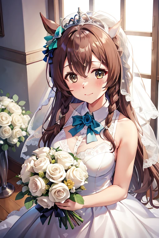 mejiro_bright_(umamusume) wearing a white wedding dress, tiara, wedding veil in front of face, wedding bouquet